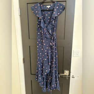 Max Studio Navy Polka Dot Wrap Dress with Tie around Waist